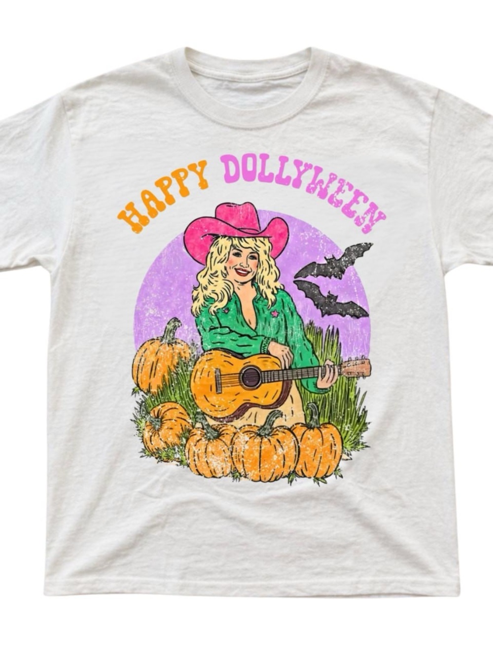 White Happy Dollyween Graphic Tee with Pink Hat & Green Shirt